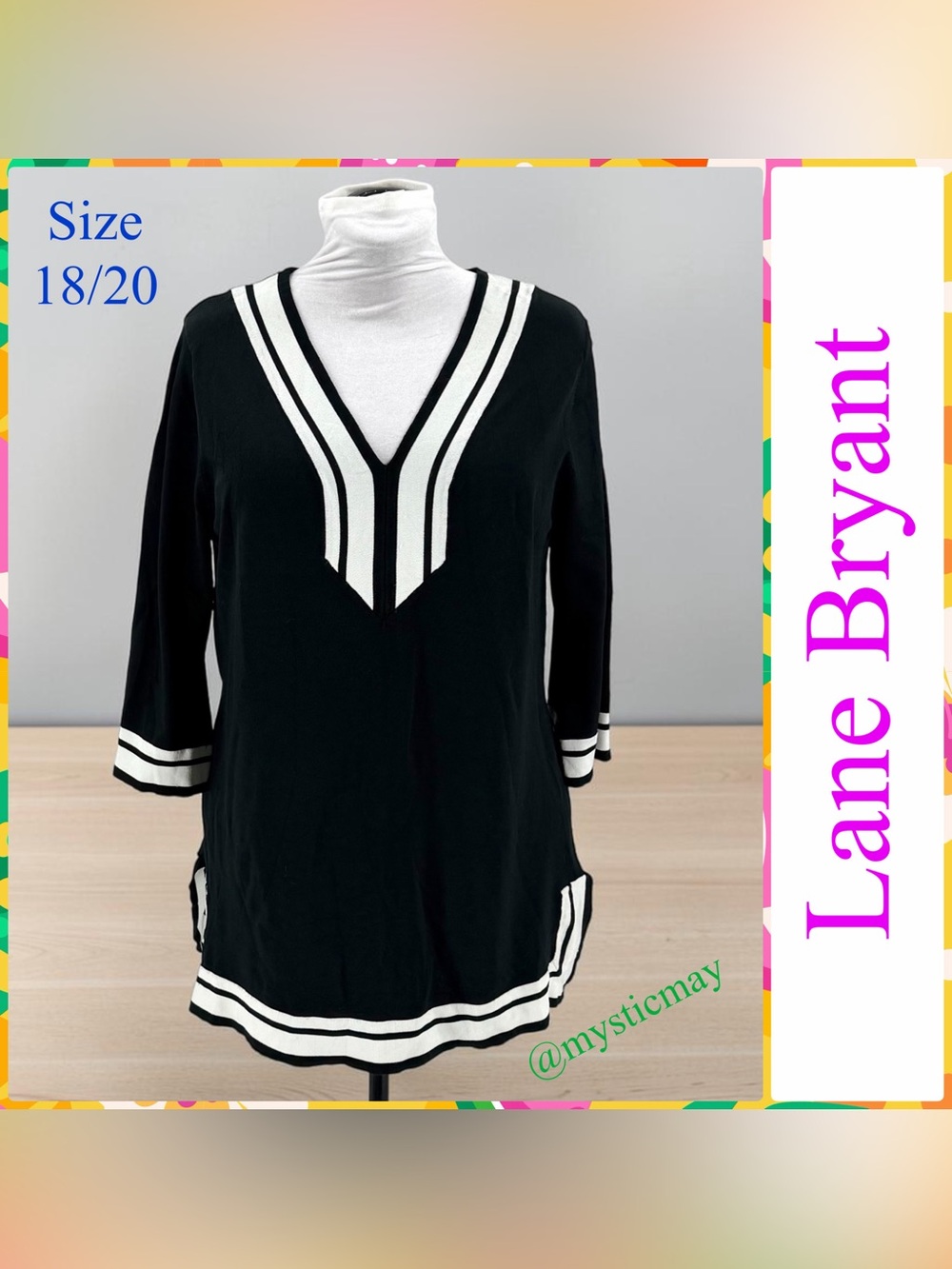 LANE BRYANT 60s Revival Black with White Trim Ponte Knit Tunic Top Size 18 / 20